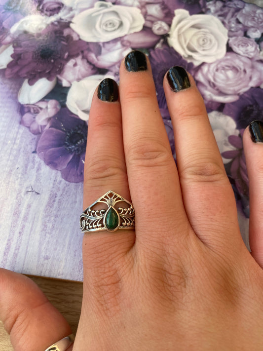 Malachite Teardrop Tiara Silver Plated Adjustable Ring