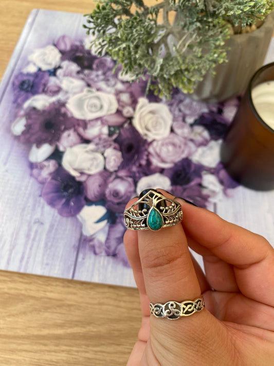 Turquoise Teardrop Tiara Silver Plated Adjustable Ring