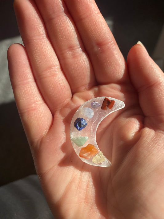 Selenite Moon with Chakra Chips