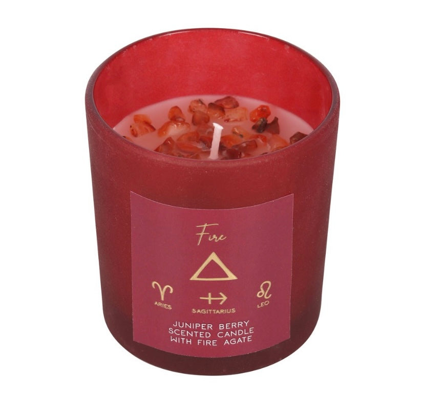 Fire Element Juniper Scented Crystal Candle with Fire Agate