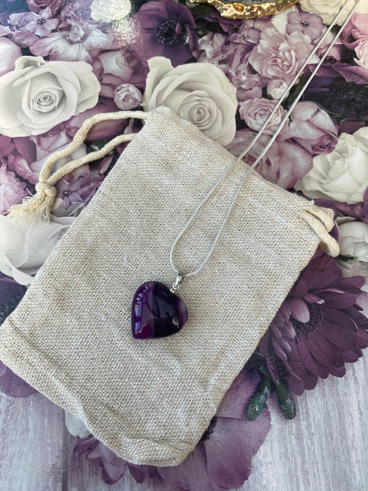 Purple Banded Agate Heart Pendant Necklace with Silver Plated Chain