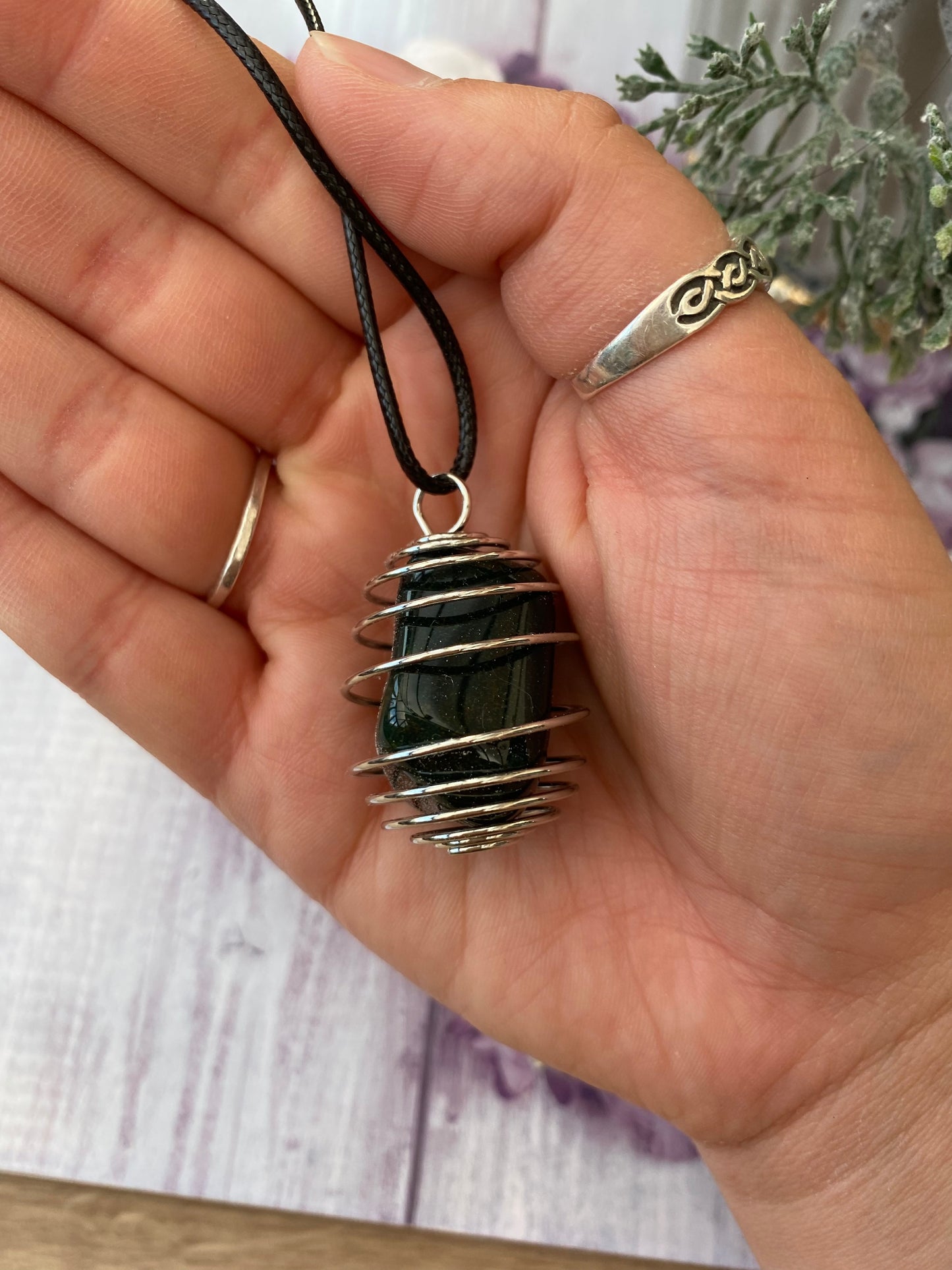 Blue Tiger’s Eye Spiral Cage Pendant Necklace