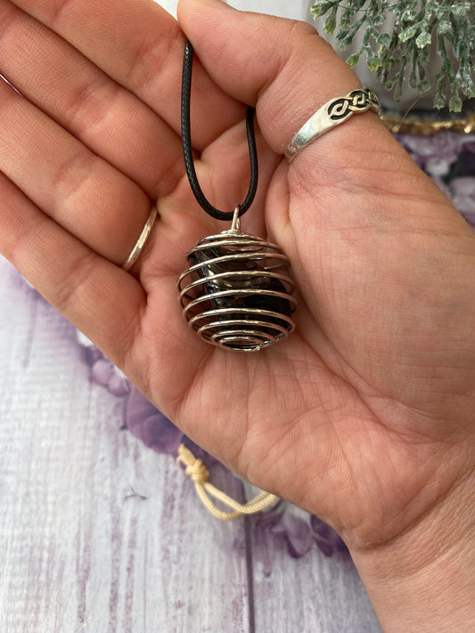 Black Tourmaline Spiral Cage Pendant Necklace