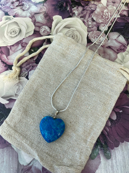 Blue Banded Agate Heart Pendant with Silver Plated Chain