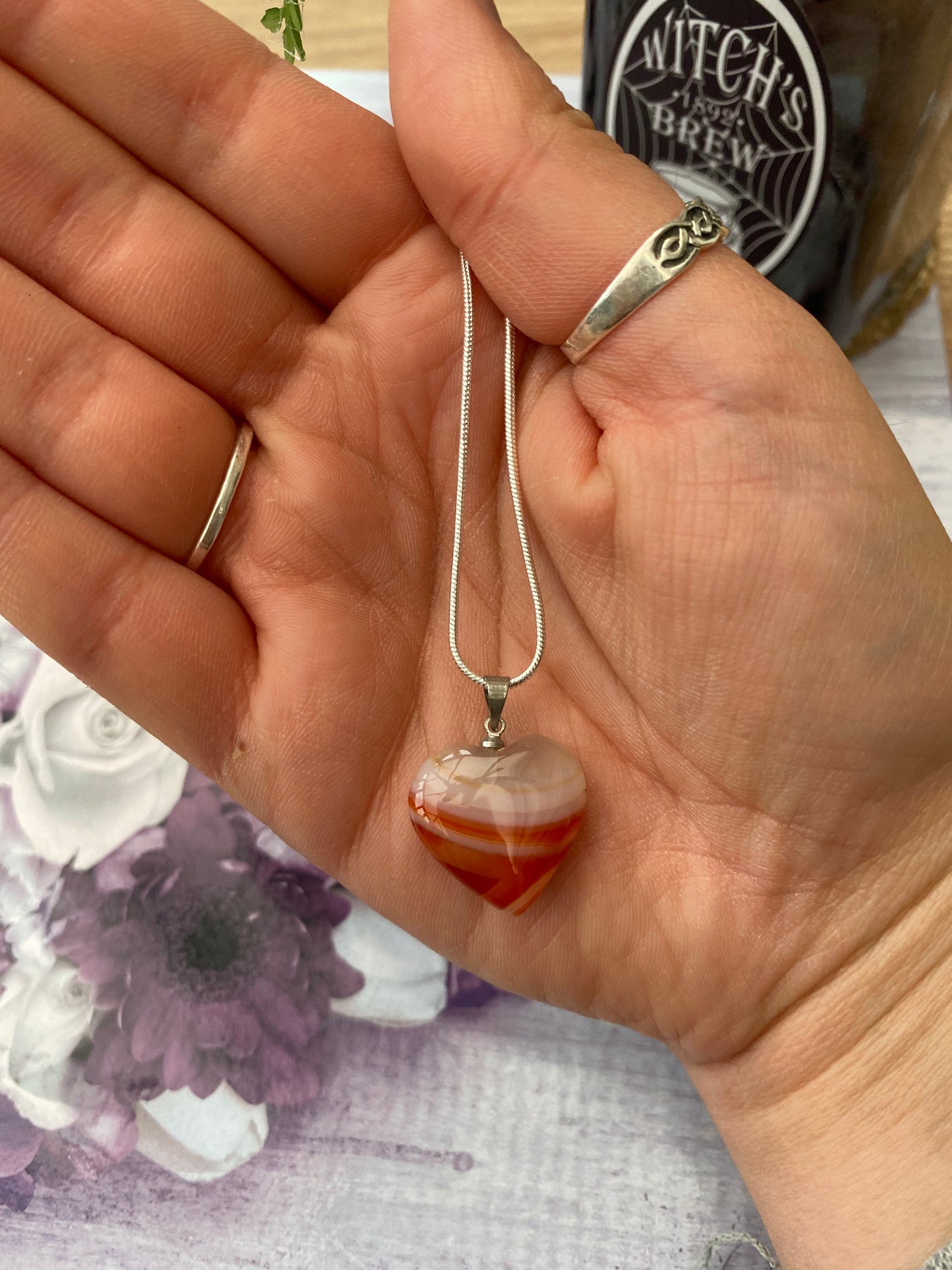 Red Agate Heart Pendant on Silver Plated Chain