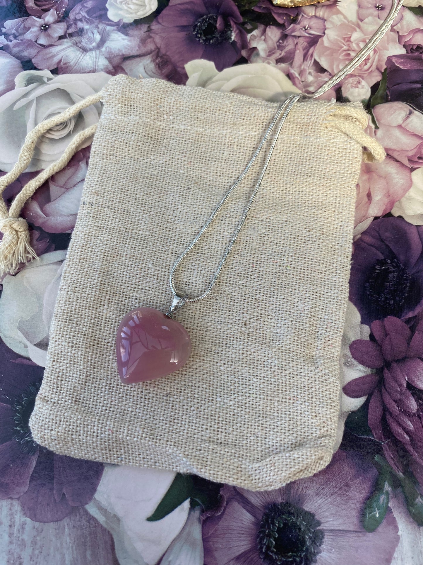 Pink Banded Agate Heart Pendant with Silver Plated Chain