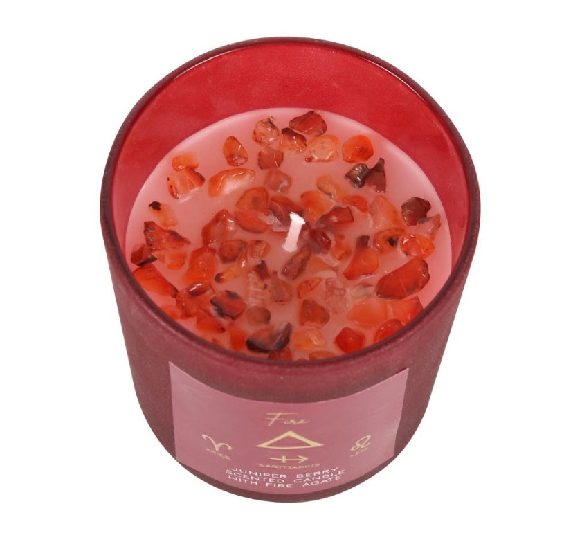 Fire Element Juniper Scented Crystal Candle with Fire Agate