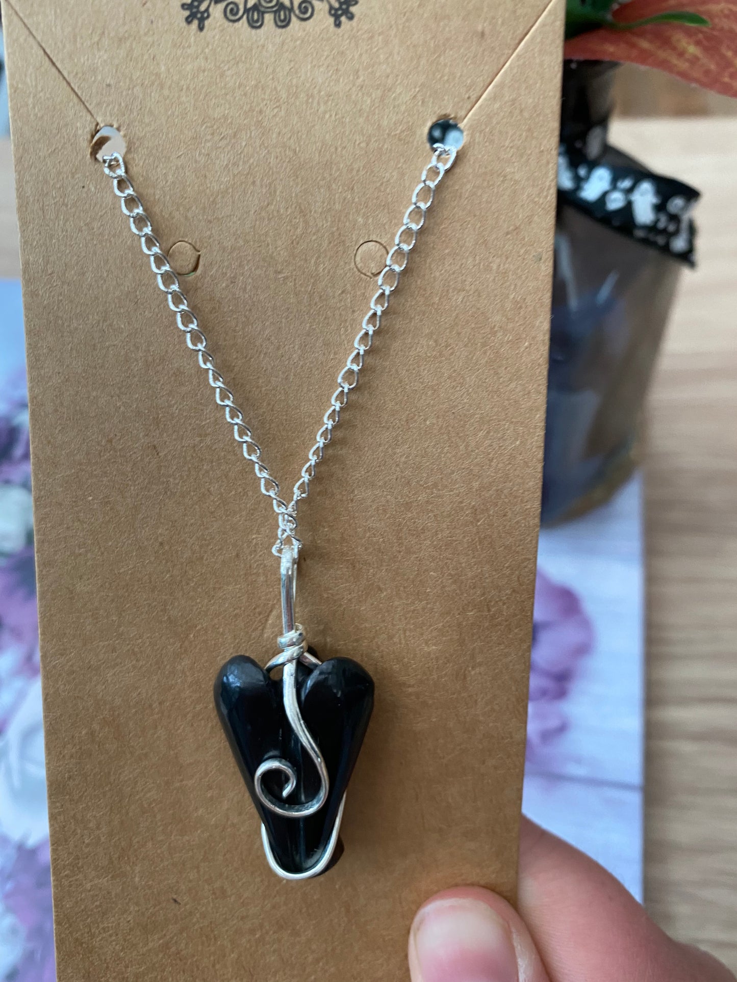 Black Agate Guardian Angel Pendant Necklace