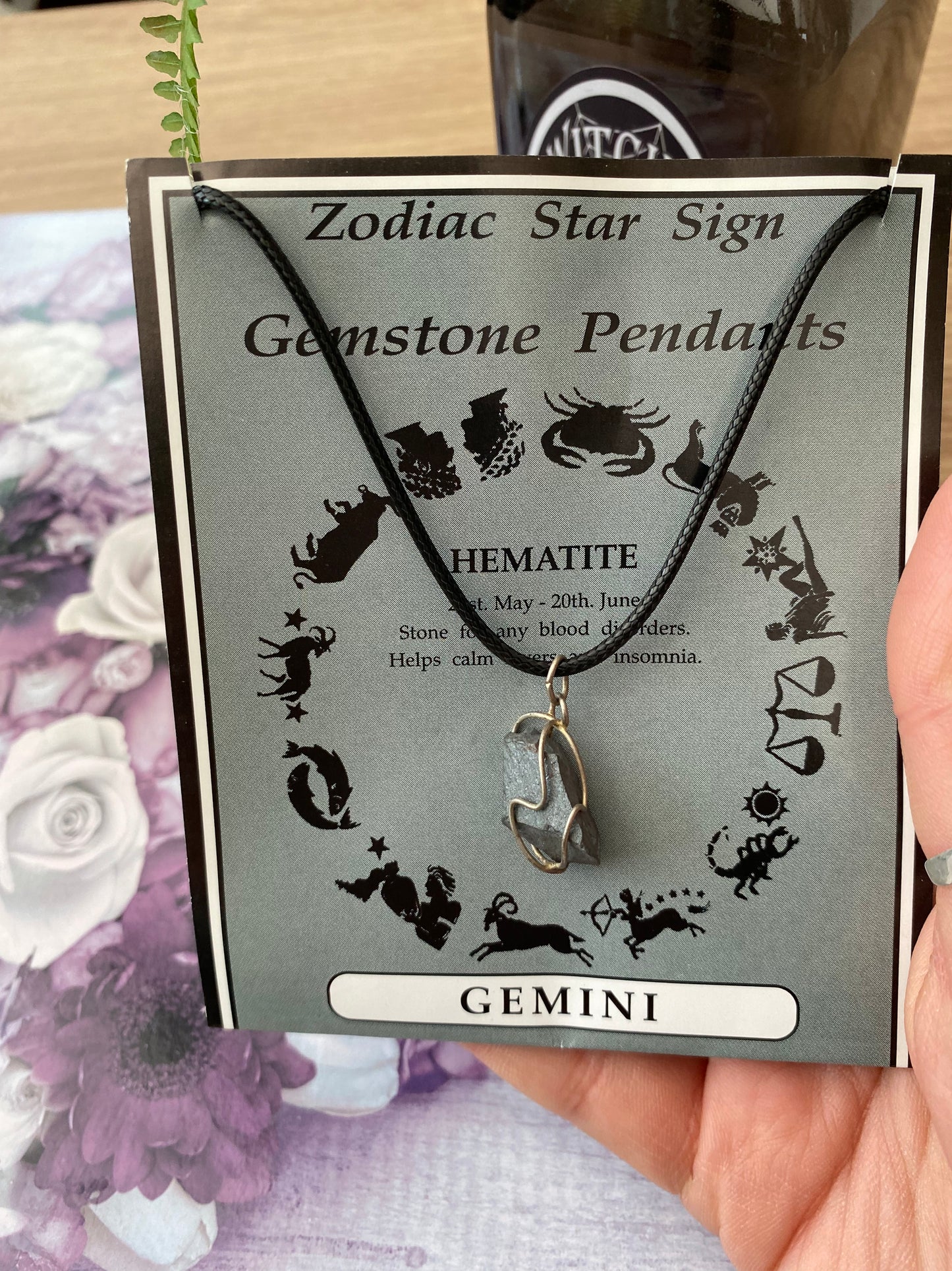 Gemini Zodiac Sign Hematite Crystal Pendant Necklace