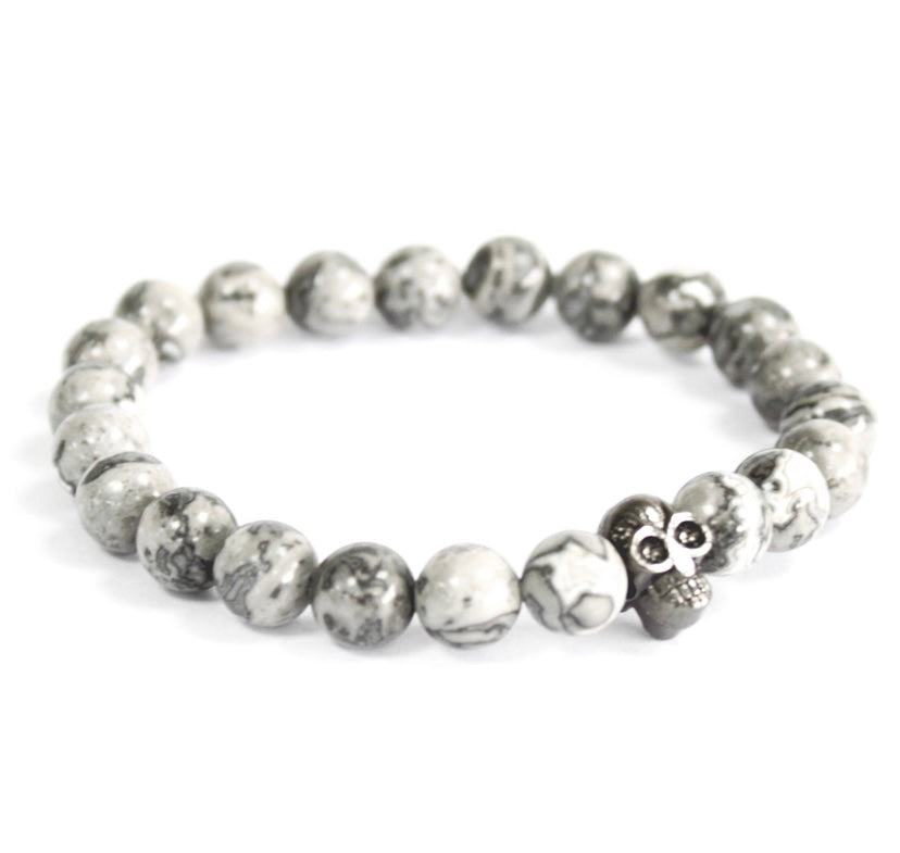 Grey Agate Bracelet with Pewter Skull