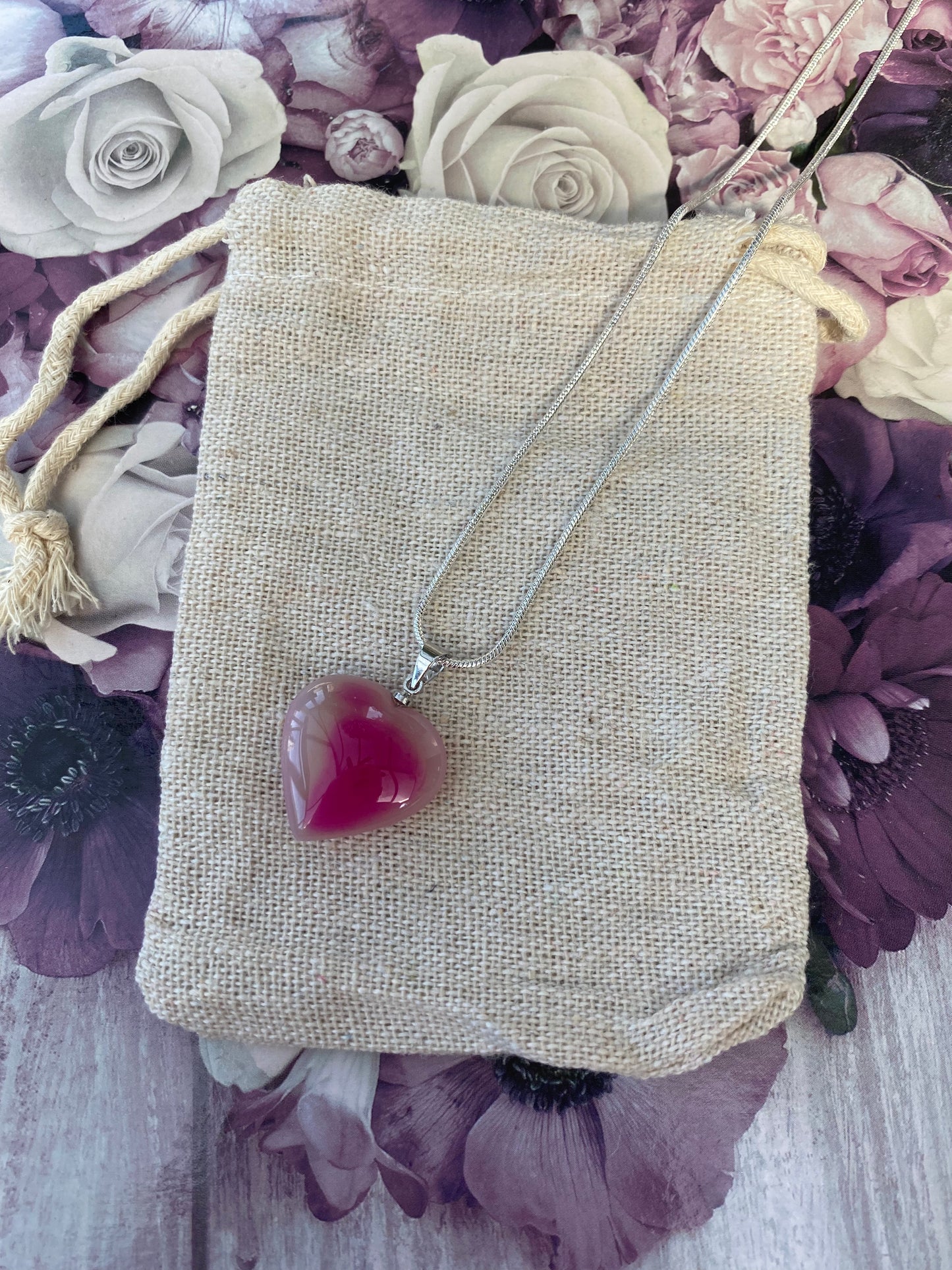 Pink Banded Agate Heart Pendant with Silver Plated Chain