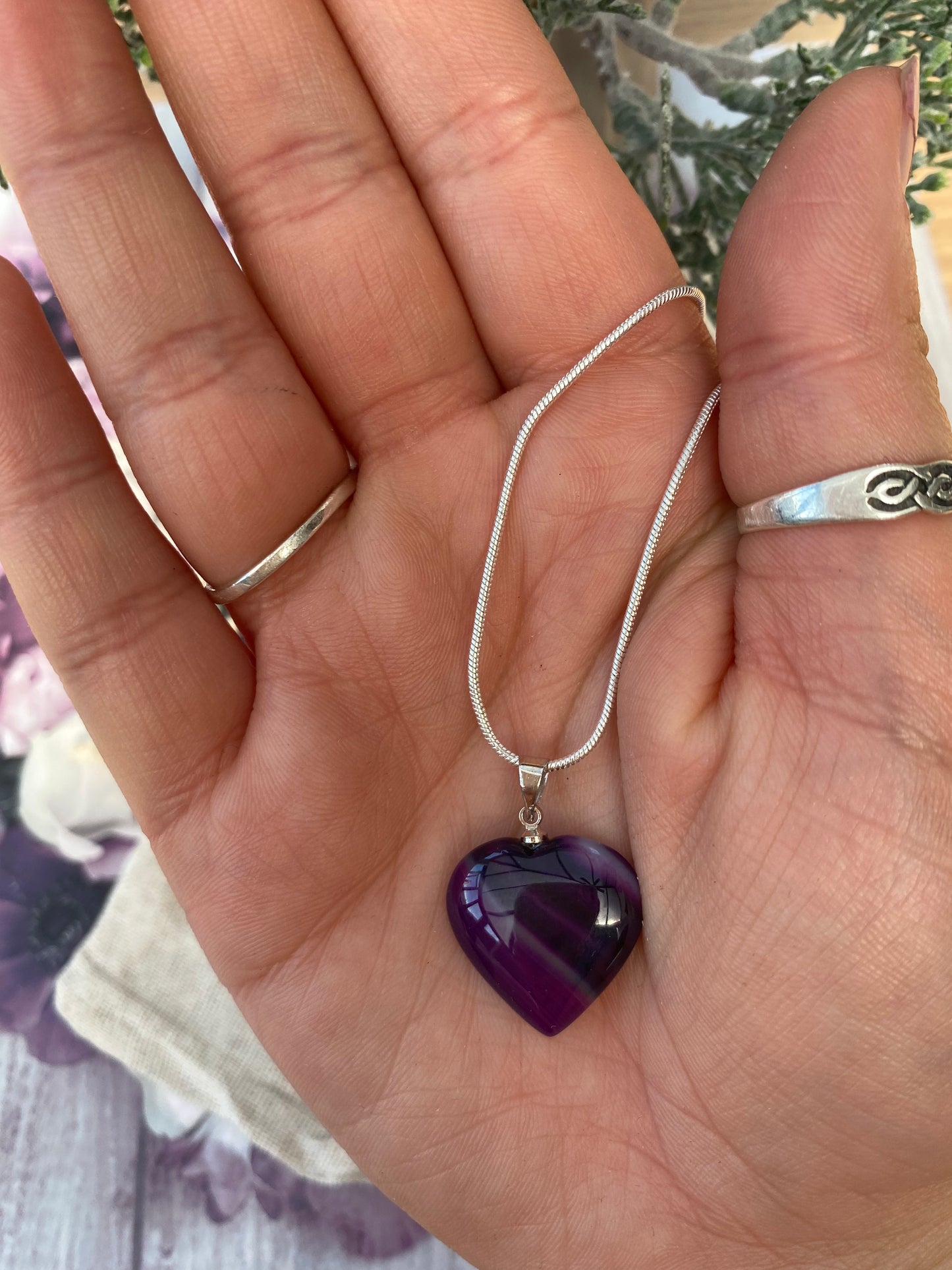 Purple Banded Agate Heart Pendant Necklace with Silver Plated Chain