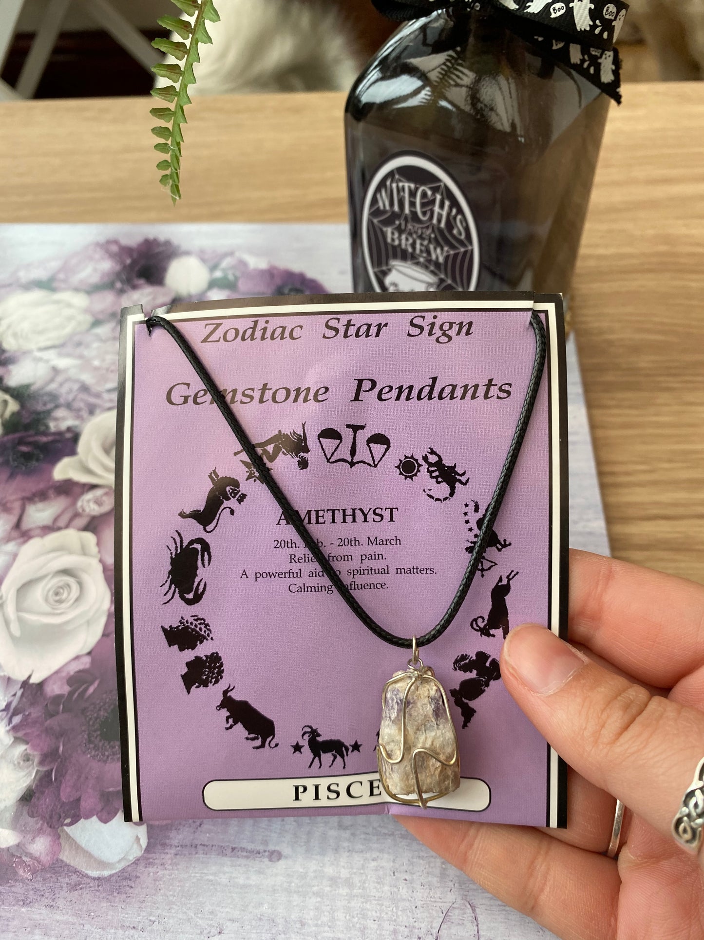 Pisces Zodiac Sign Amethyst Crystal Pendant Necklace