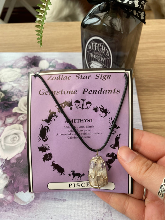 Pisces Zodiac Sign Amethyst Crystal Pendant Necklace