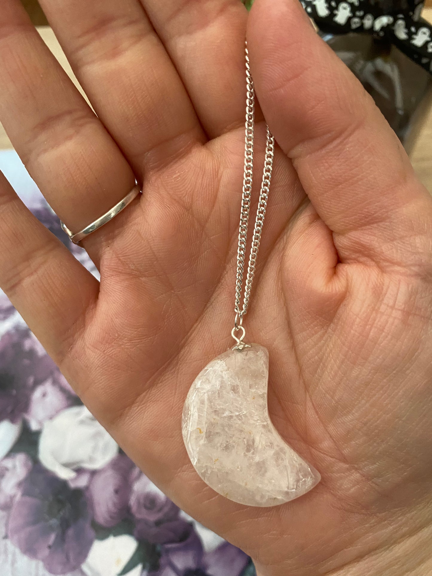 Rose Quartz Crescent Moon Pendant Necklace