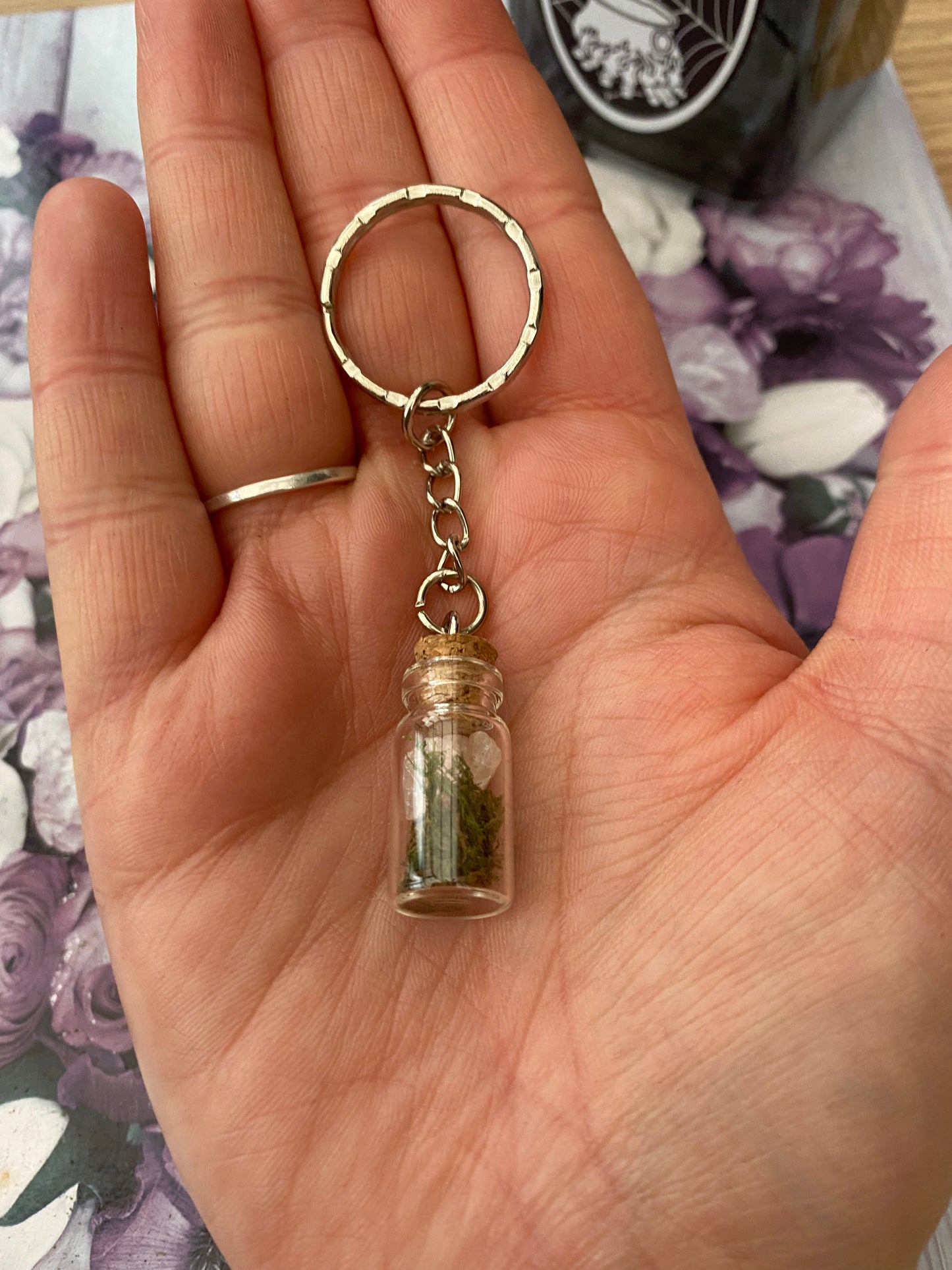 Rose Quartz and Moss Crystal Jar Keyring