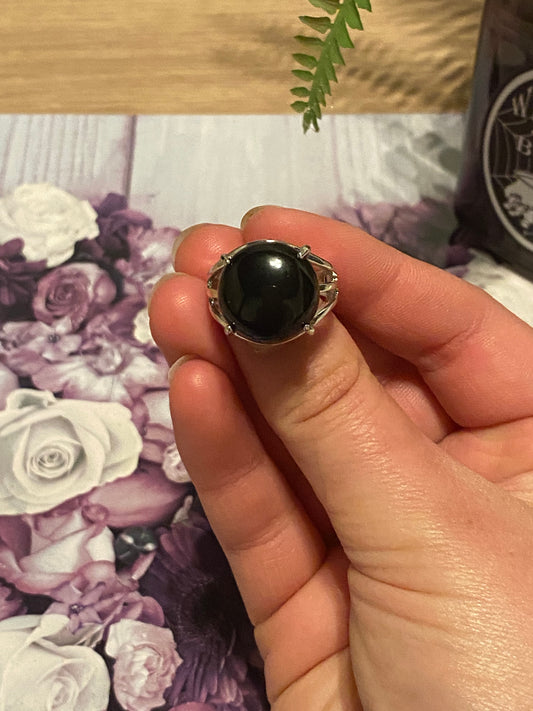 Black Agate Adjustable Ring with Brass Findings
