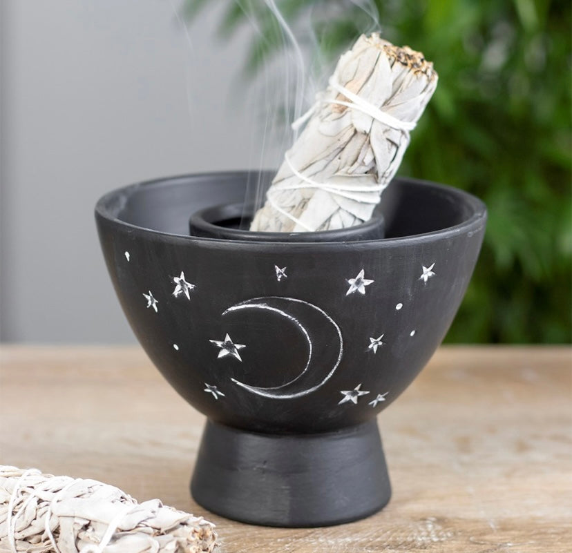 Black Moon and Stars Terracotta Smudge Bowl