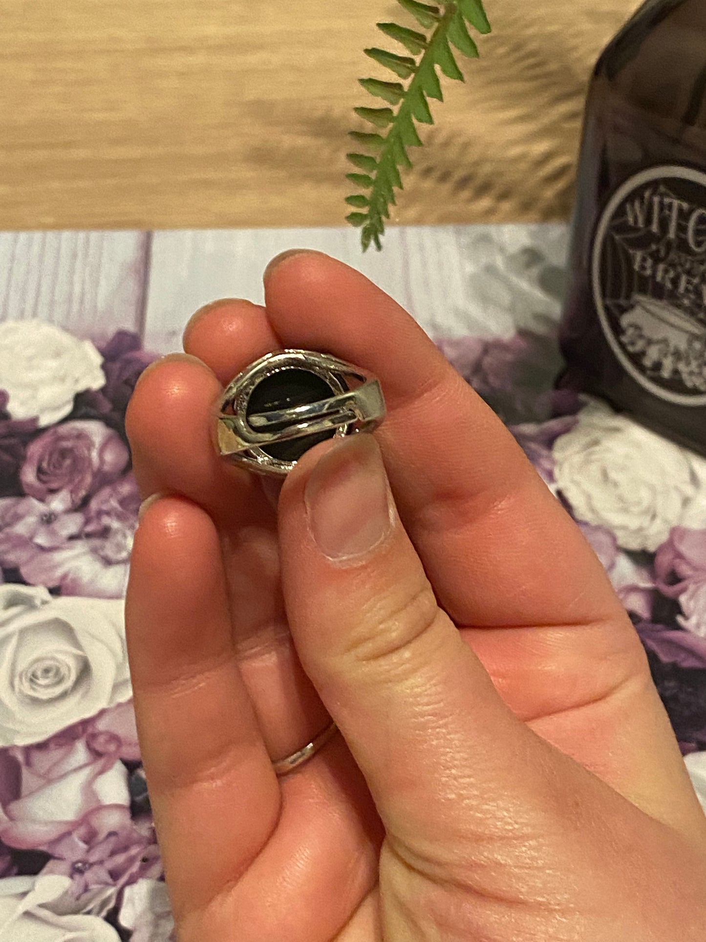 Black Agate Adjustable Ring with Brass Findings